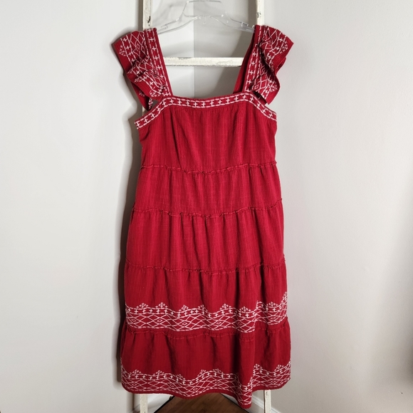 Knox Rose Dress womens Medium embroidered tiered midi boho red white - Picture 1 of 6
